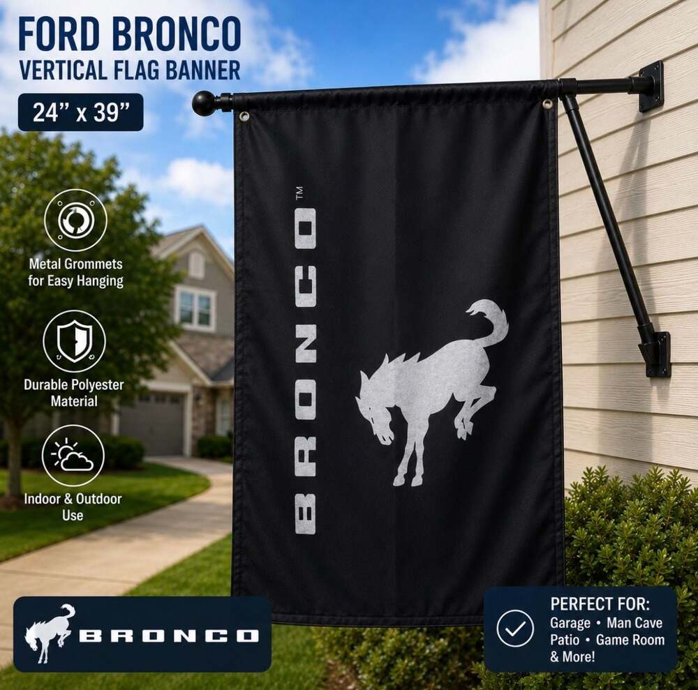 Ford Bronco Bucking Horse Black Flag Banner 24” x 39” Garage Man Cave